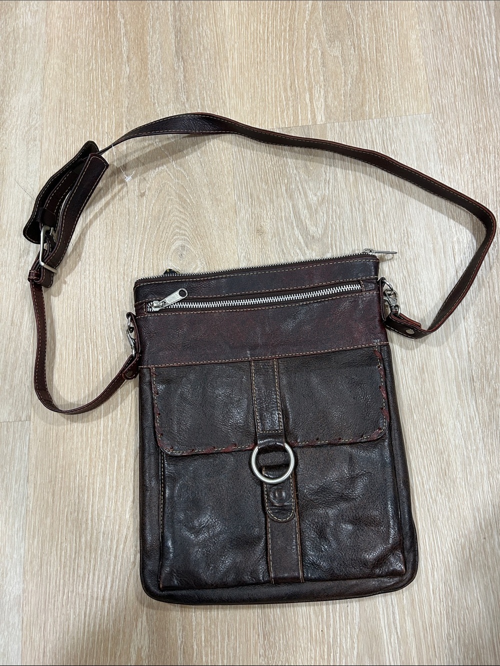 Salomon Dark Brown Leather Messenger Bag with Silver Ring Accent